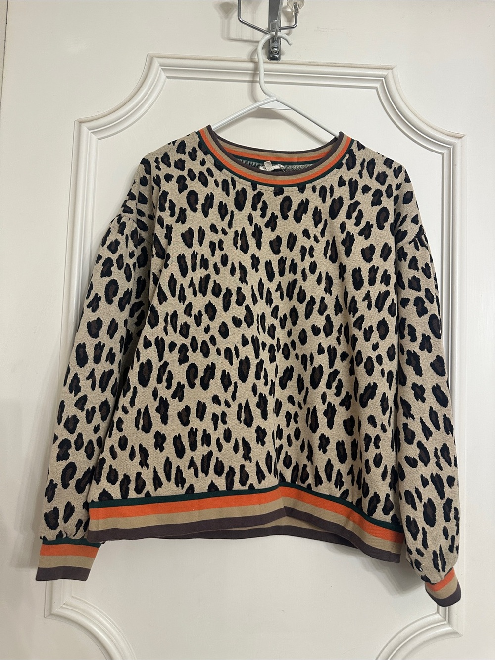 JODIFL Beige & Black Leopard Print Crewneck Sweater with Striped Trim